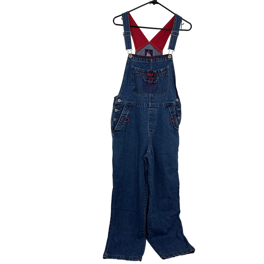 B.U.M. Equipment Overalls Womens Size Medium Blue Denim Red Mesh Straps Vintage